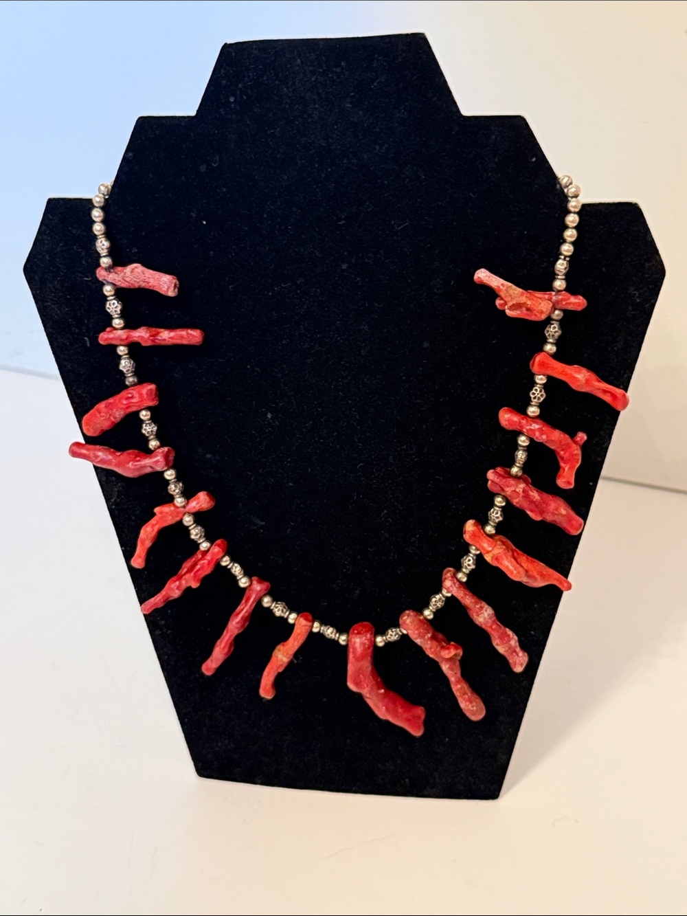NECKLACE COLLAR STERLING SILVER 925 BALL CHAIN 17” BRANCH CORAL RED BOHEMIAN